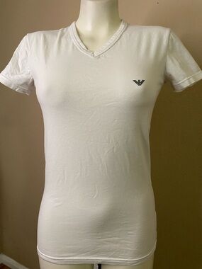 Emporio Armani White V-Neck Short Sleeve Logo Tee S